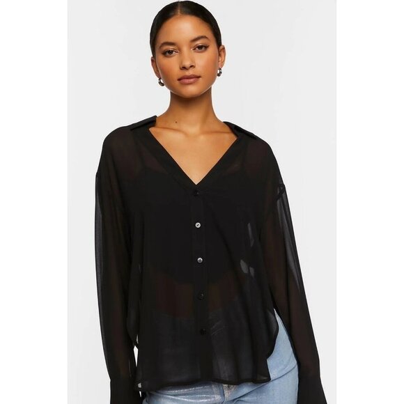 NWT Forever 21 Semi-Sheer V-Neck Shirt Size S Color‎ Black - Picture 1 of 8